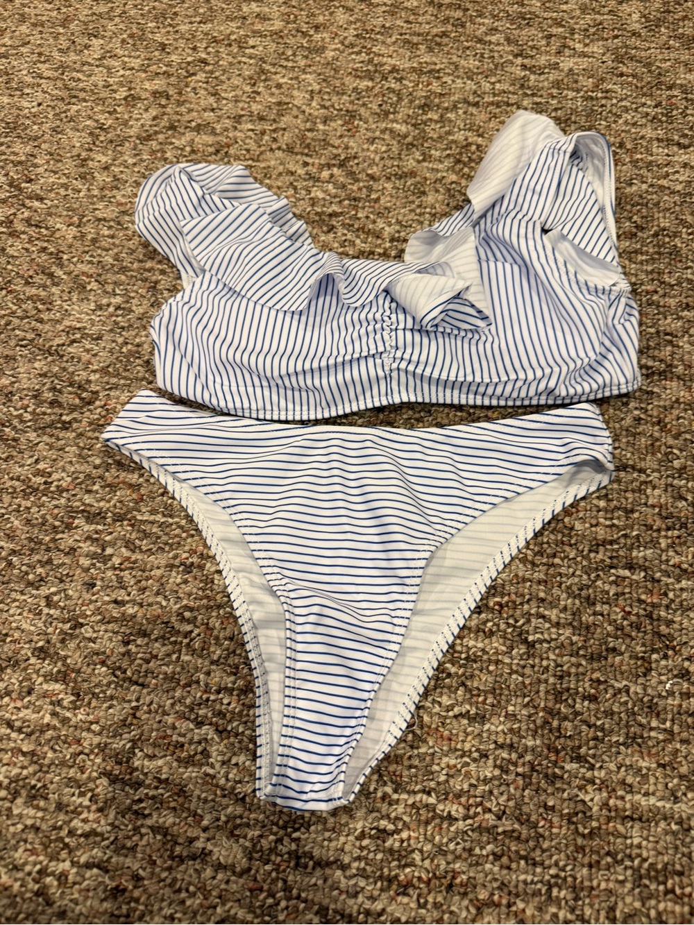 SHEIN White and Blue Striped Ruffle Bikini Set